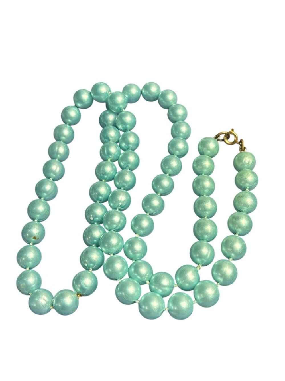 Vintage 80s Green Plasted Faux Pearl Beaded Necklace Goldtone Spring Ring 29 in